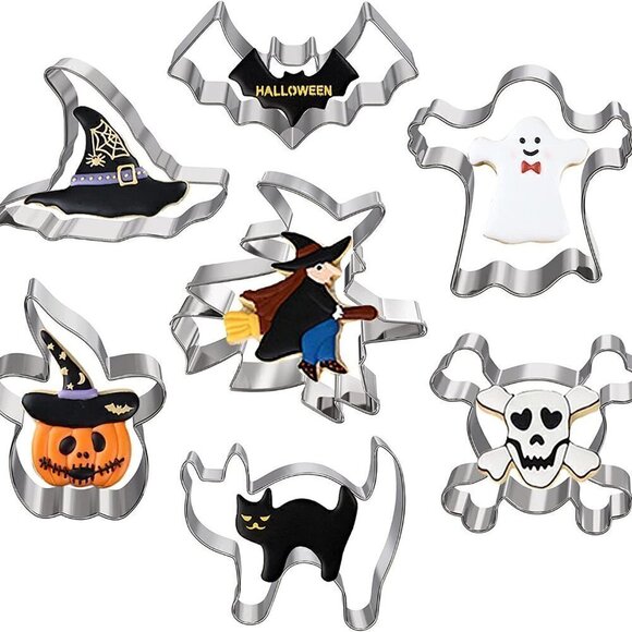 NEW Halloween Metal Cookie Cutter Set Of 7 - Hibery Ghost, Witch, & Skull T43 - Picture 1 of 2